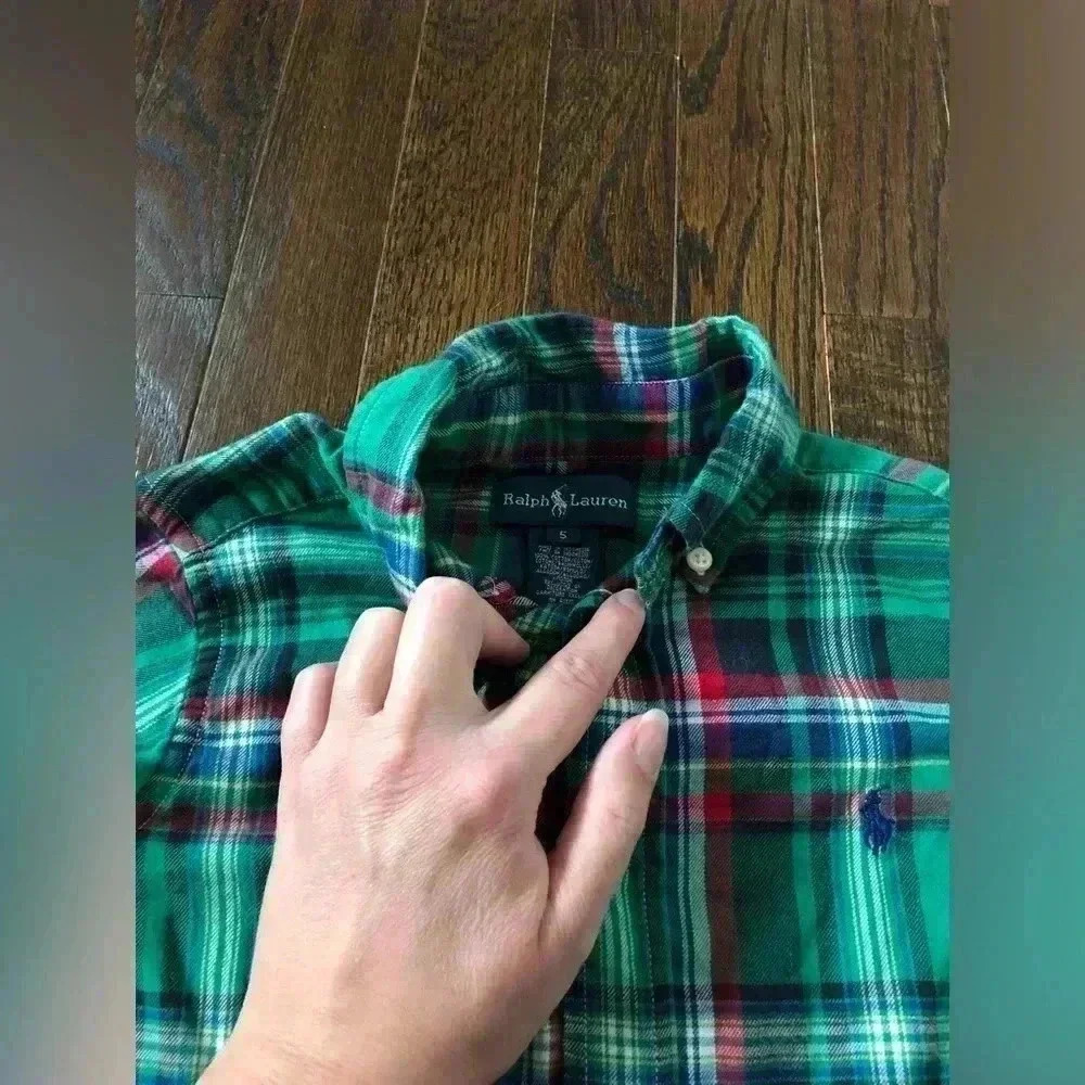 Ralph Lauren Boys 5 Green Plaid Oxford Cotton Button-Up Shirt - VGUC! - Picture 4 of 10